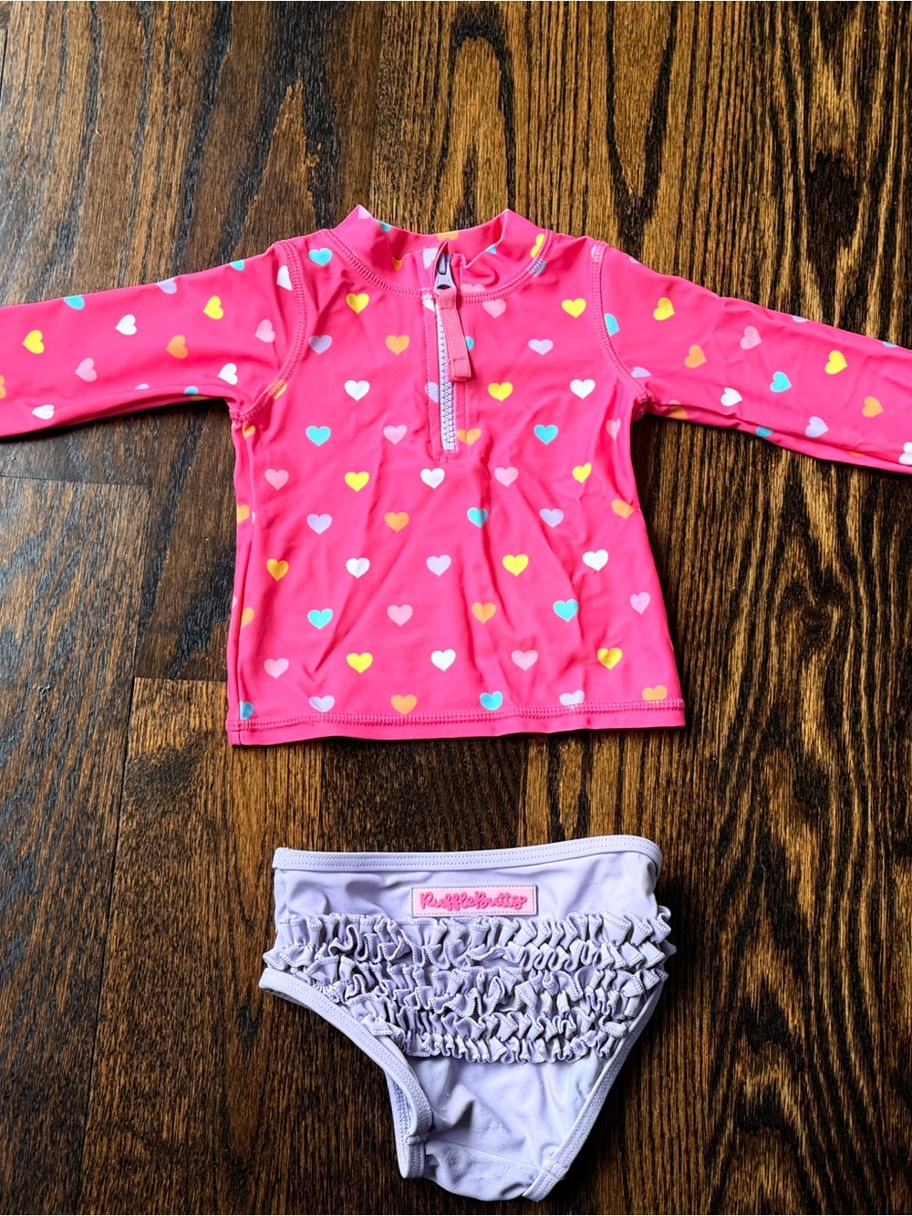 Ruffle Butts Pink Heart Long-Sleeve Rashguard with Lavender Ruffle Bottoms